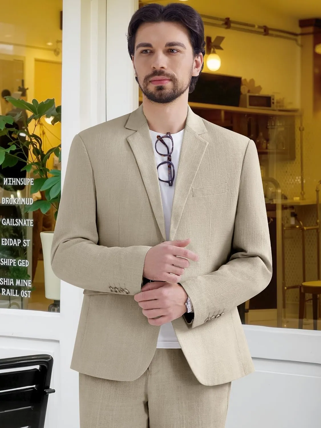 MAGE MALE Men's 2 Piece Linen Suits Set Casual Lightweight Blazer Jacket and Pants for Wedding Business Prom
