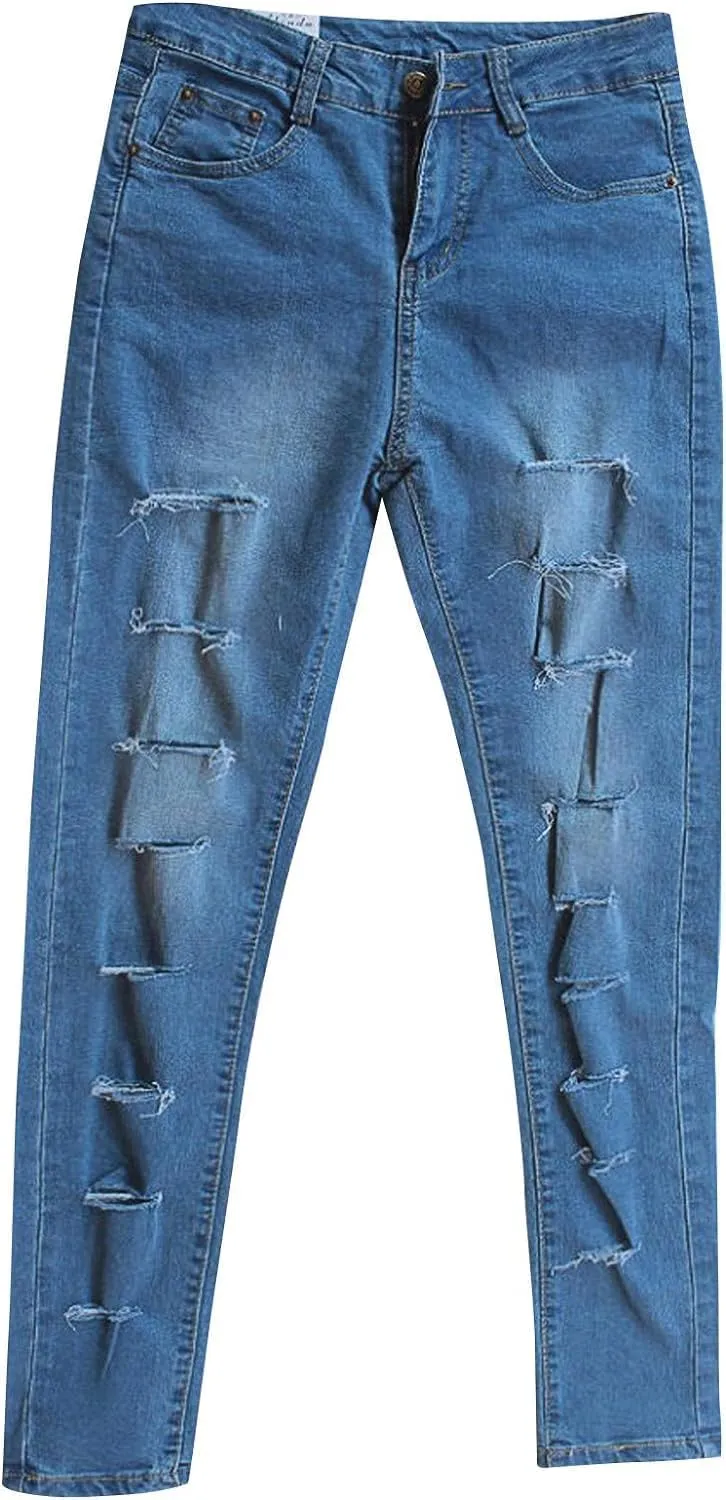 Maiyifu-GJ Women's High Waist Skinny Ripped Jeans Slim Destroyed Denim Stretch Trousers Stretch Pencil Jeans
