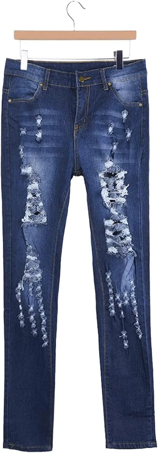 Maiyifu-GJ Women's High Waist Skinny Ripped Jeans Slim Destroyed Denim Stretch Trousers Stretch Pencil Jeans