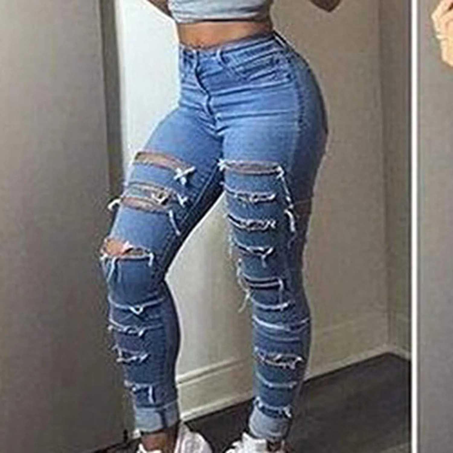 Maiyifu-GJ Women's High Waist Skinny Ripped Jeans Slim Destroyed Denim Stretch Trousers Stretch Pencil Jeans