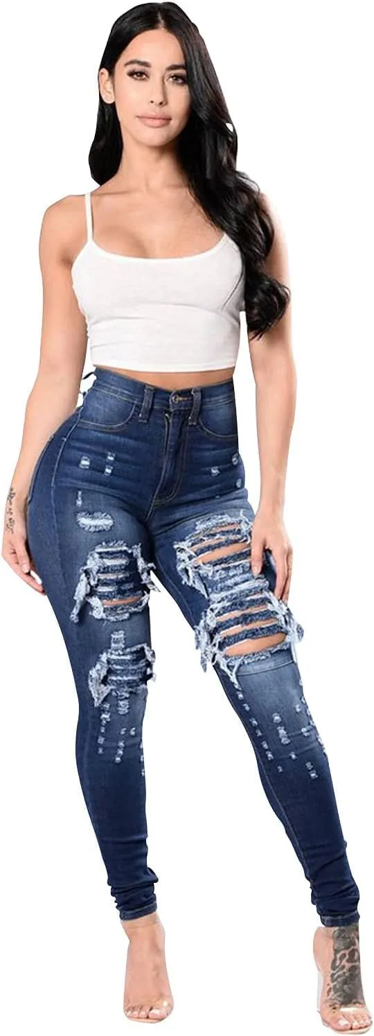 Maiyifu-GJ Women's High Waist Skinny Ripped Jeans Slim Destroyed Denim Stretch Trousers Stretch Pencil Jeans
