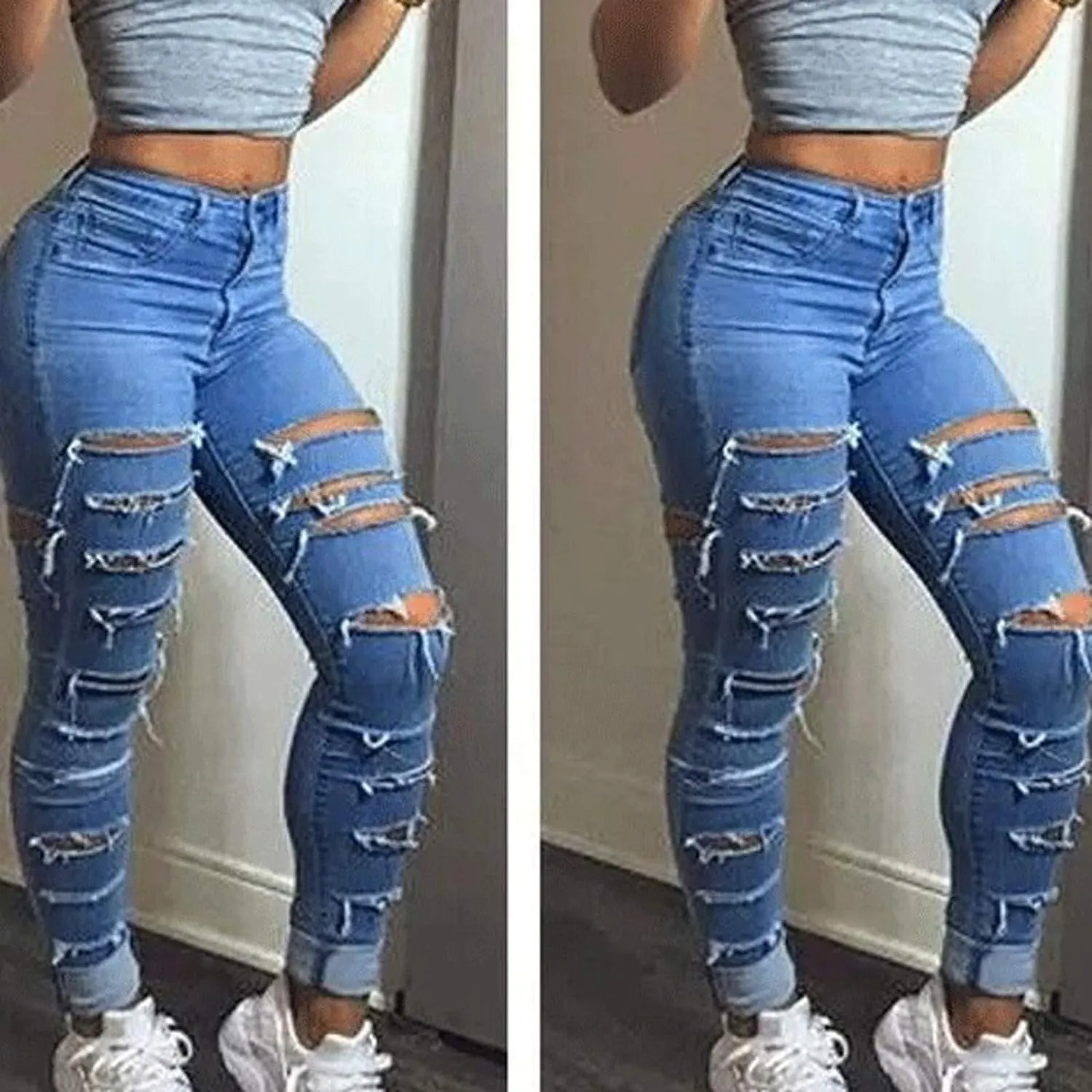 Maiyifu-GJ Women's High Waist Skinny Ripped Jeans Slim Destroyed Denim Stretch Trousers Stretch Pencil Jeans
