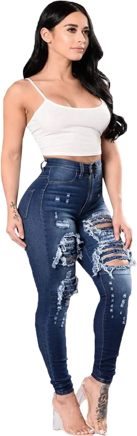 Maiyifu-GJ Women's High Waist Skinny Ripped Jeans Slim Destroyed Denim Stretch Trousers Stretch Pencil Jeans