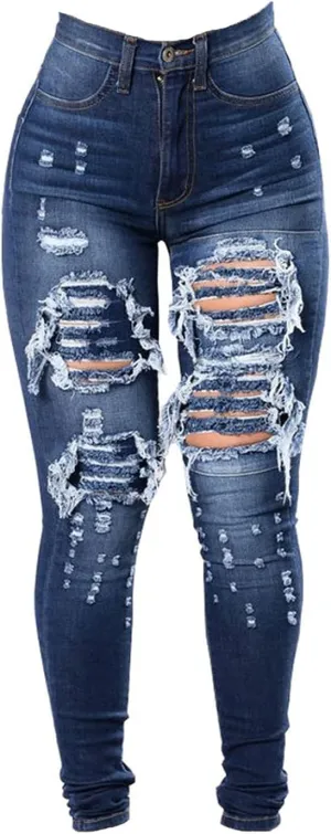 Maiyifu-GJ Women's High Waist Skinny Ripped Jeans Slim Destroyed Denim Stretch Trousers Stretch Pencil Jeans