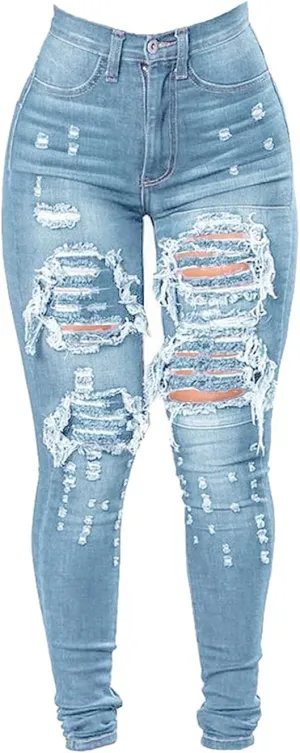 Maiyifu-GJ Women's High Waist Skinny Ripped Jeans Slim Destroyed Denim Stretch Trousers Stretch Pencil Jeans