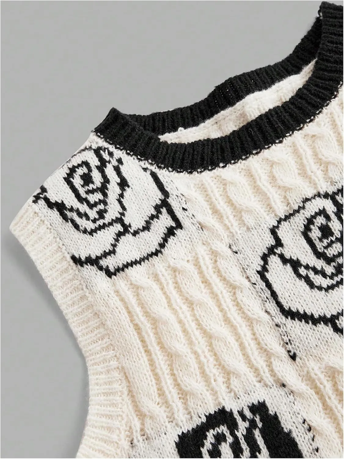 MakeMeChic Women's Floral Cable Knit Crew Neck Sweater Vest Sleeveless Crop Tops Vintage Knitwear