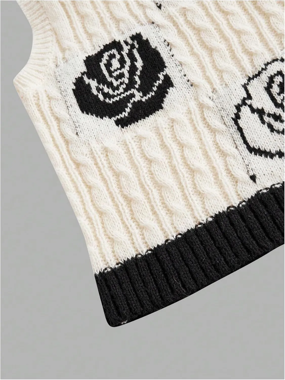 MakeMeChic Women's Floral Cable Knit Crew Neck Sweater Vest Sleeveless Crop Tops Vintage Knitwear