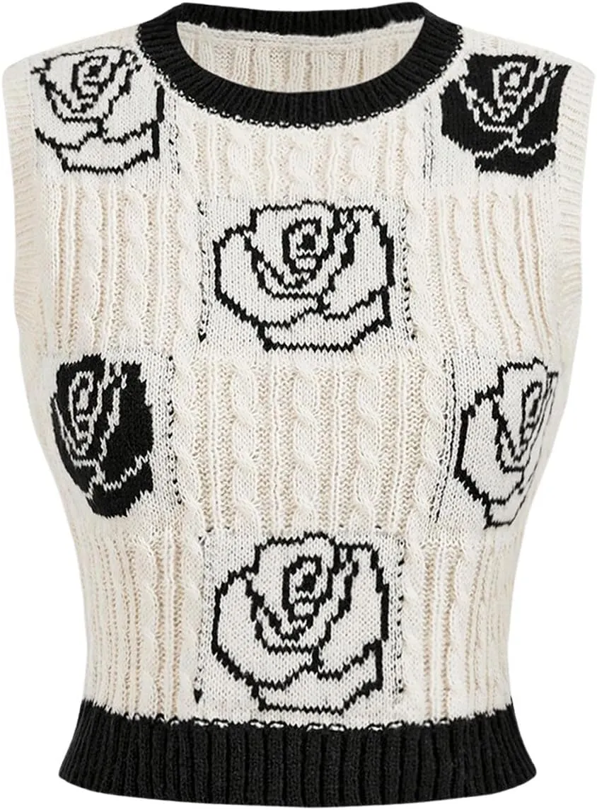 MakeMeChic Women's Floral Cable Knit Crew Neck Sweater Vest Sleeveless Crop Tops Vintage Knitwear
