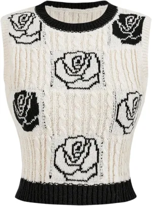 MakeMeChic Women's Floral Cable Knit Crew Neck Sweater Vest Sleeveless Crop Tops Vintage Knitwear