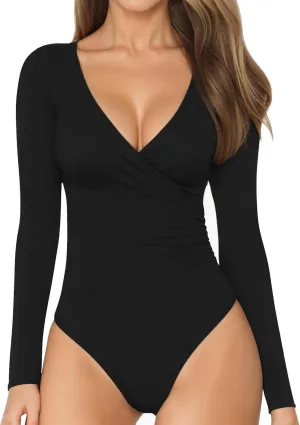 MANGOPOP Women's Cross Wrap Ruched Plunge Neck Deep V Long Sleeve Short Sleeve Bodysuits