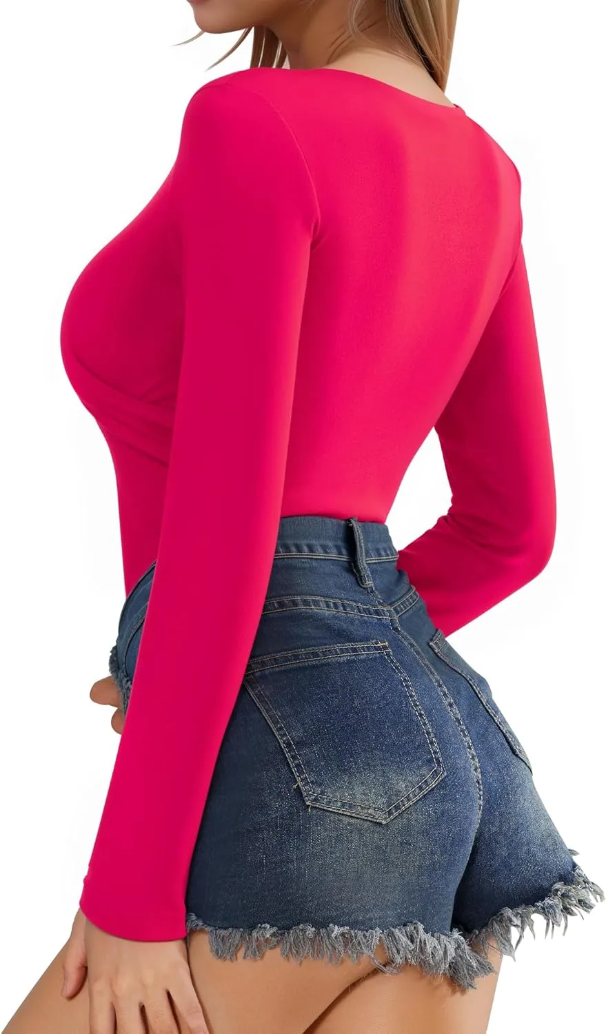 MANGOPOP Women's Cross Wrap Ruched Plunge Neck Deep V Long Sleeve Short Sleeve Bodysuits