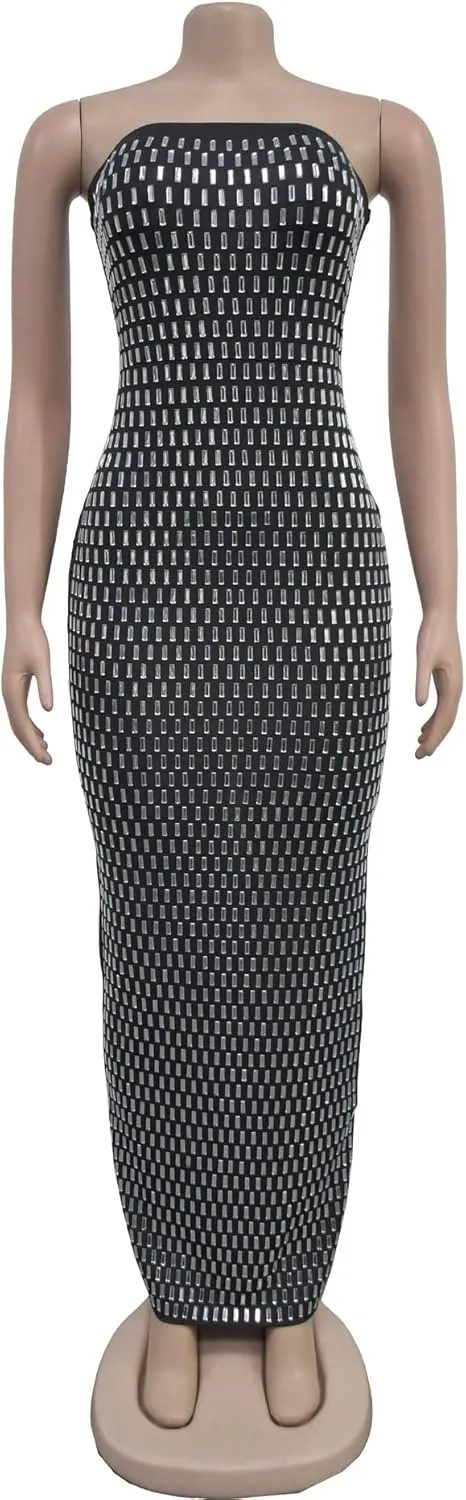 Maxi Formal Dresses for Women Wedding Guest Sexy Strapless Sparkly Rhinestone Long Bodycon Vestidos