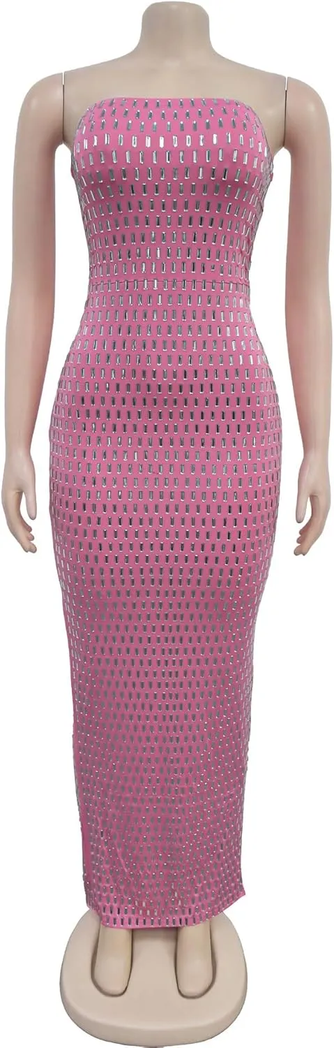 Maxi Formal Dresses for Women Wedding Guest Sexy Strapless Sparkly Rhinestone Long Bodycon Vestidos