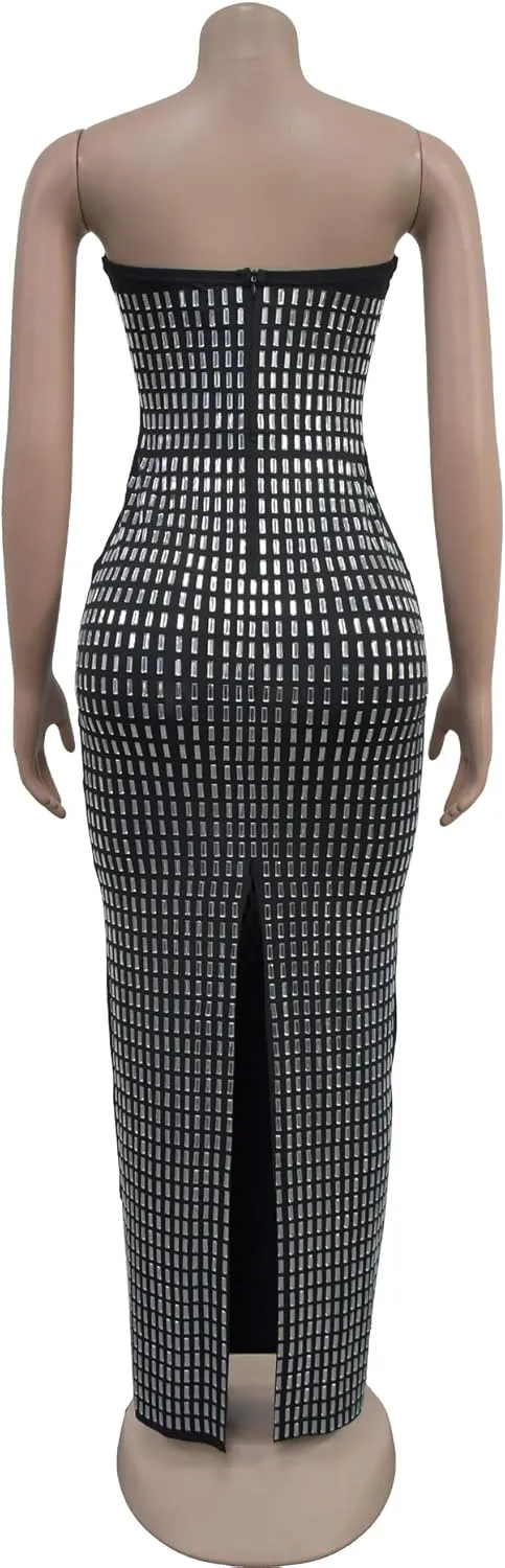 Maxi Formal Dresses for Women Wedding Guest Sexy Strapless Sparkly Rhinestone Long Bodycon Vestidos