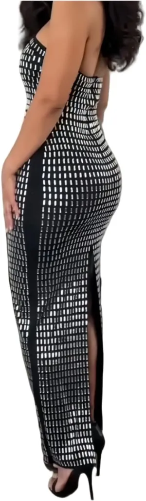 Maxi Formal Dresses for Women Wedding Guest Sexy Strapless Sparkly Rhinestone Long Bodycon Vestidos