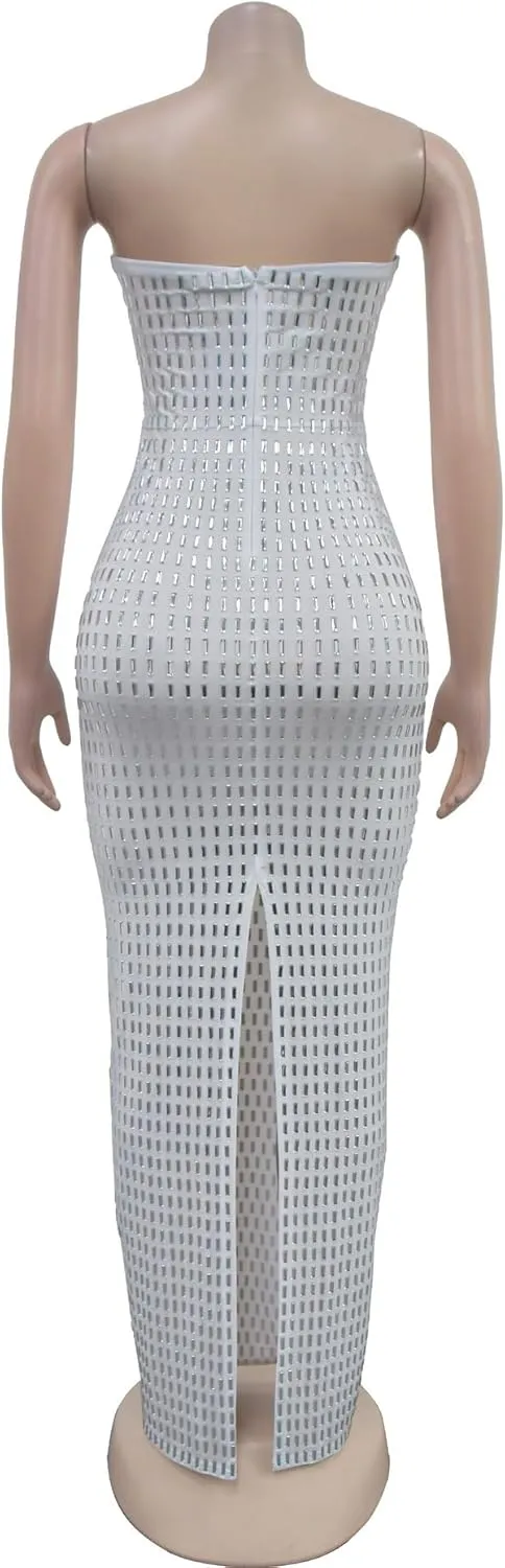 Maxi Formal Dresses for Women Wedding Guest Sexy Strapless Sparkly Rhinestone Long Bodycon Vestidos