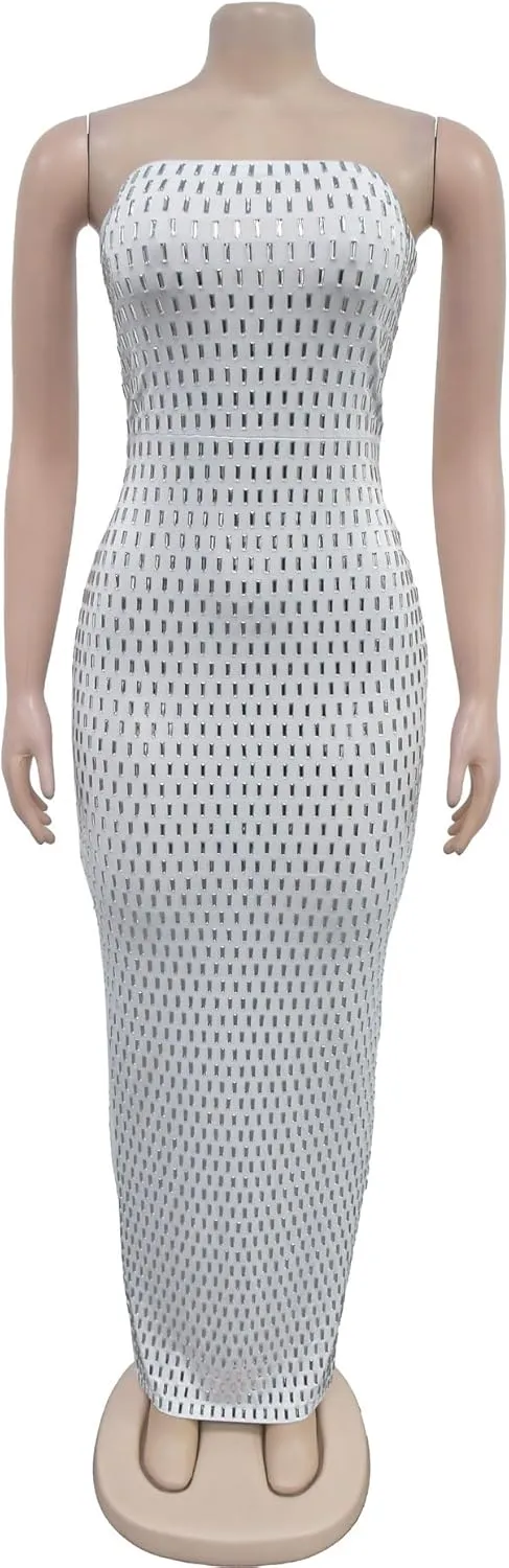 Maxi Formal Dresses for Women Wedding Guest Sexy Strapless Sparkly Rhinestone Long Bodycon Vestidos