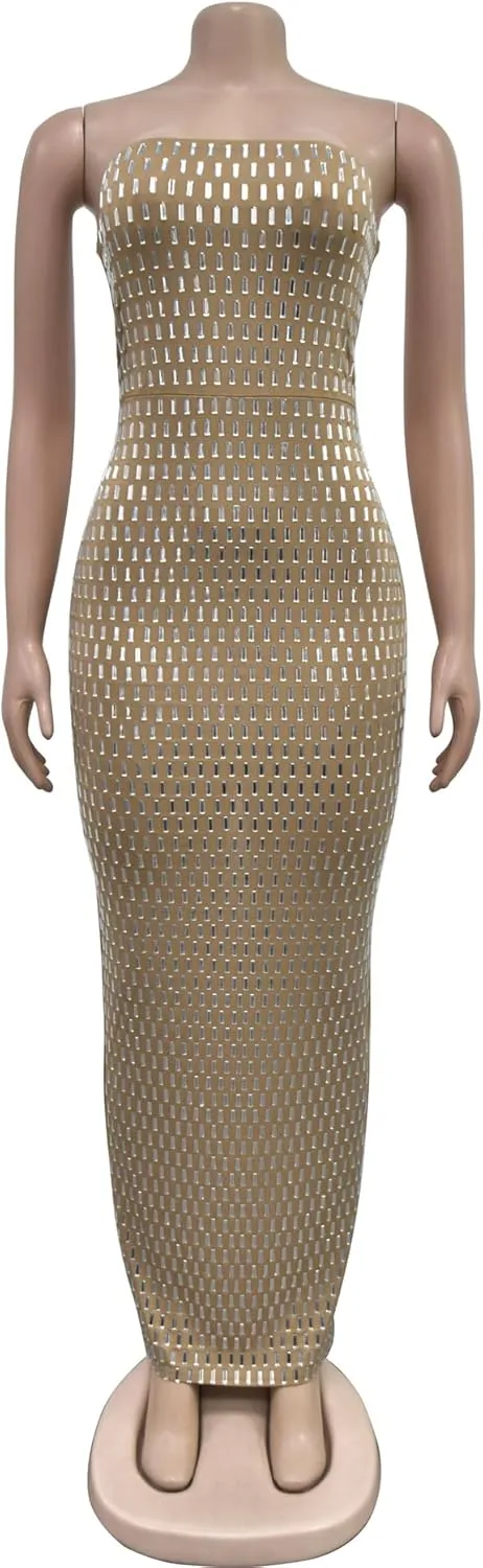 Maxi Formal Dresses for Women Wedding Guest Sexy Strapless Sparkly Rhinestone Long Bodycon Vestidos