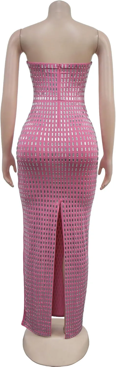 Maxi Formal Dresses for Women Wedding Guest Sexy Strapless Sparkly Rhinestone Long Bodycon Vestidos