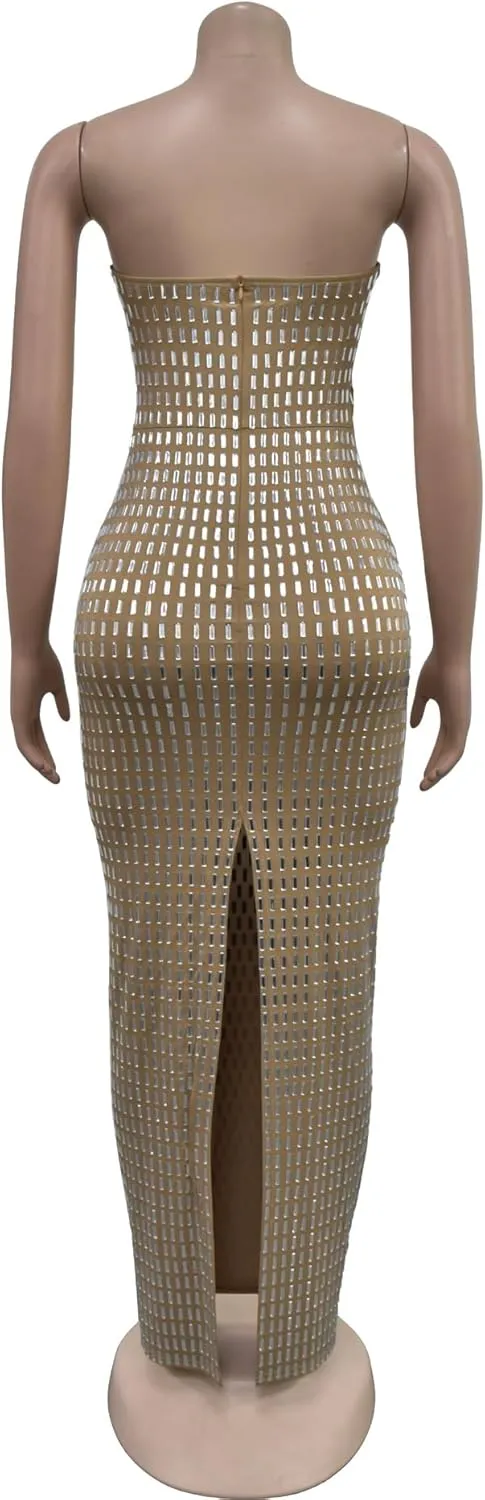 Maxi Formal Dresses for Women Wedding Guest Sexy Strapless Sparkly Rhinestone Long Bodycon Vestidos