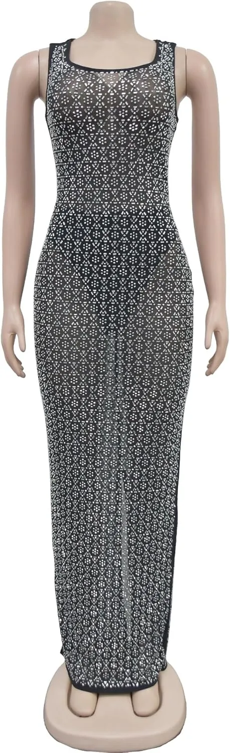 Maxi Formal Dresses for Women Wedding Guest Sexy Tank Mesh Sparkly Rhinestone Long Bodycon Vestidos