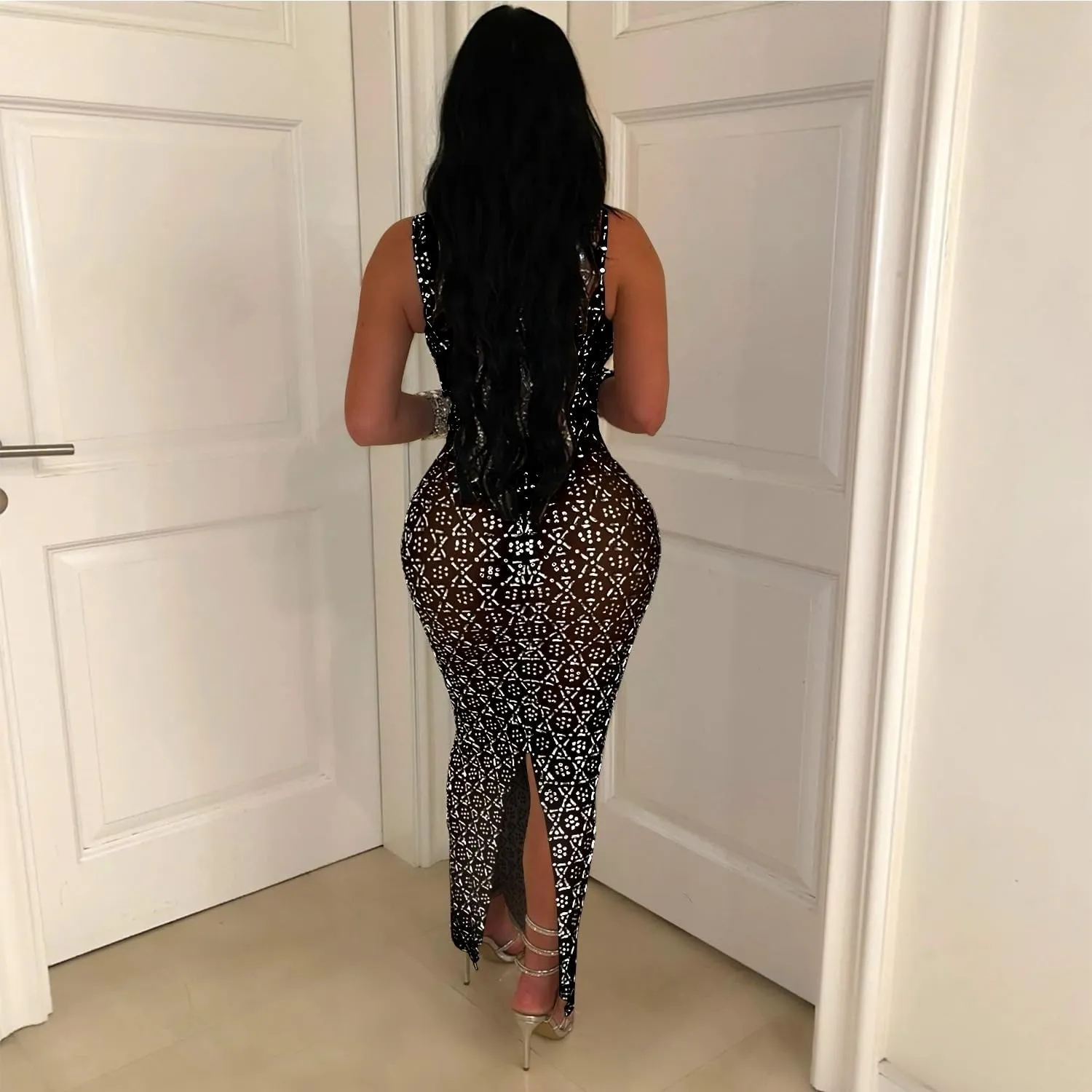 Maxi Formal Dresses for Women Wedding Guest Sexy Tank Mesh Sparkly Rhinestone Long Bodycon Vestidos