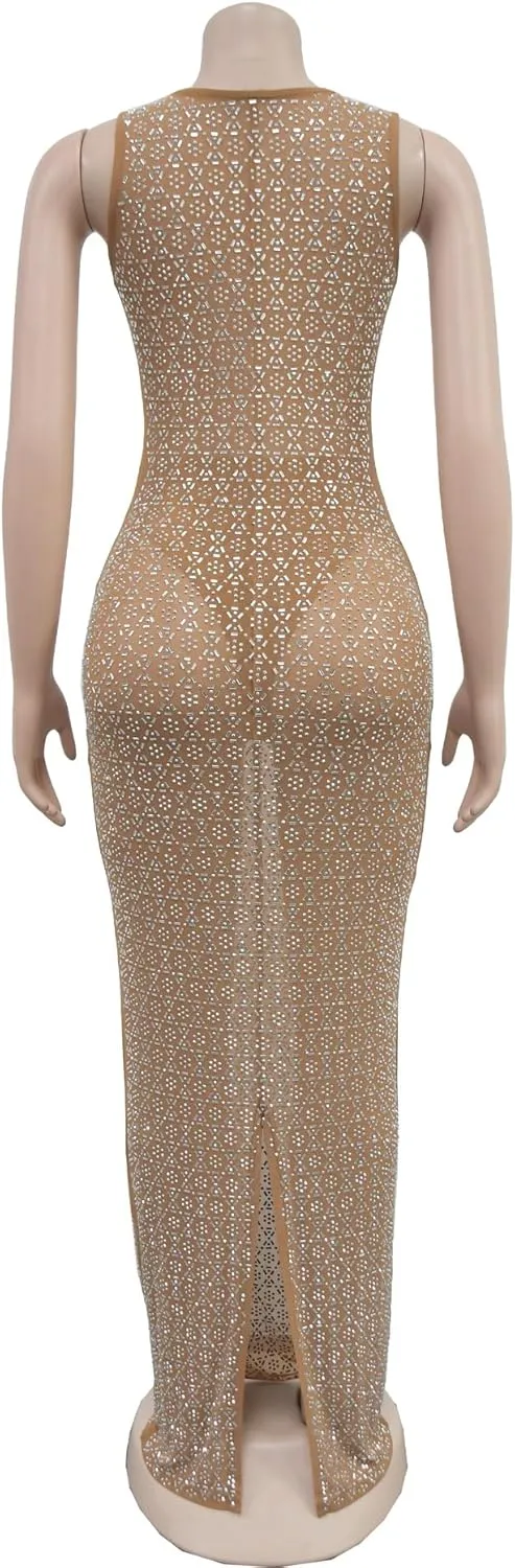 Maxi Formal Dresses for Women Wedding Guest Sexy Tank Mesh Sparkly Rhinestone Long Bodycon Vestidos
