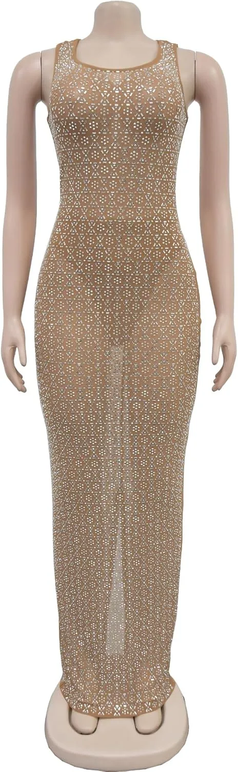 Maxi Formal Dresses for Women Wedding Guest Sexy Tank Mesh Sparkly Rhinestone Long Bodycon Vestidos