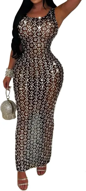 Maxi Formal Dresses for Women Wedding Guest Sexy Tank Mesh Sparkly Rhinestone Long Bodycon Vestidos