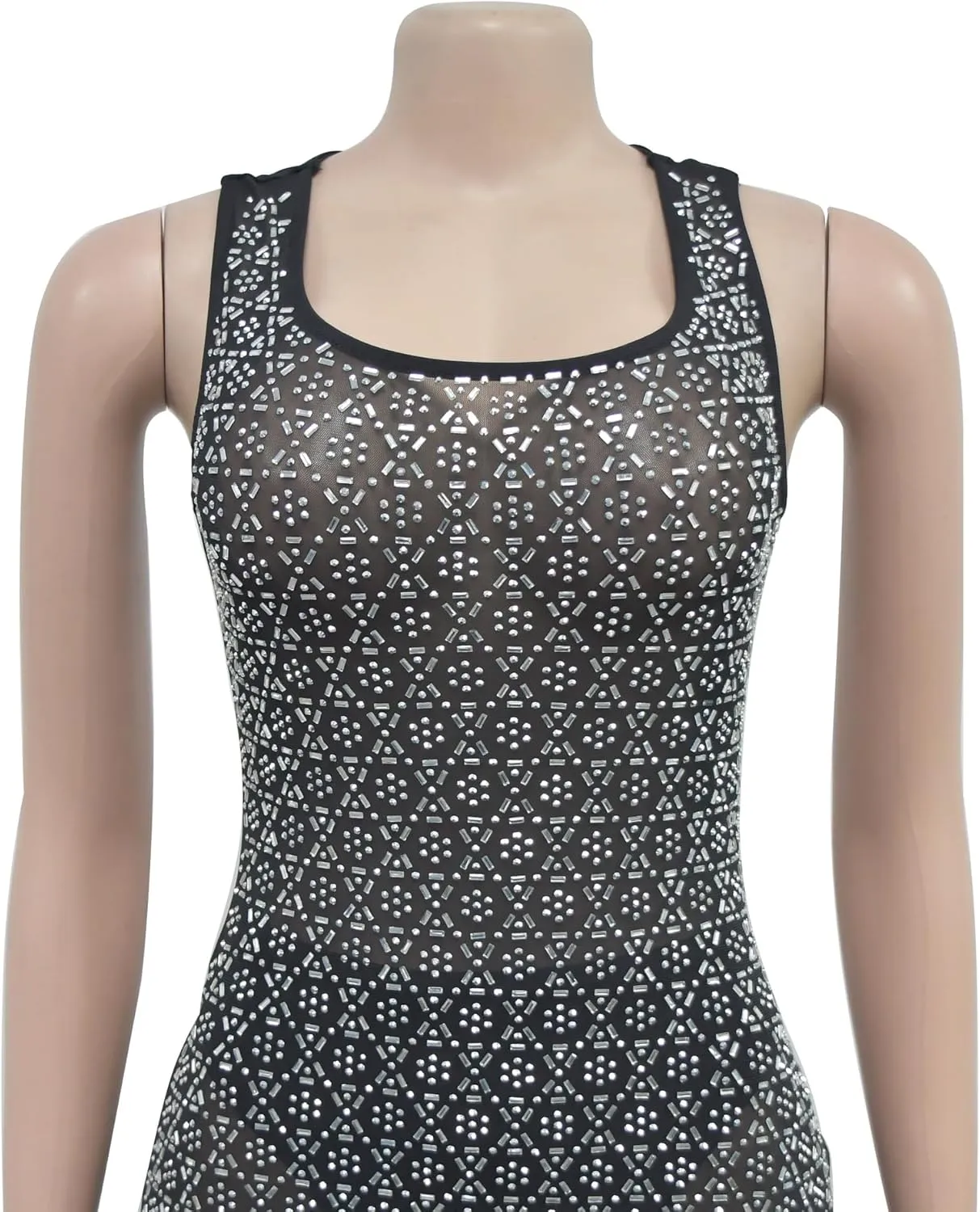 Maxi Formal Dresses for Women Wedding Guest Sexy Tank Mesh Sparkly Rhinestone Long Bodycon Vestidos
