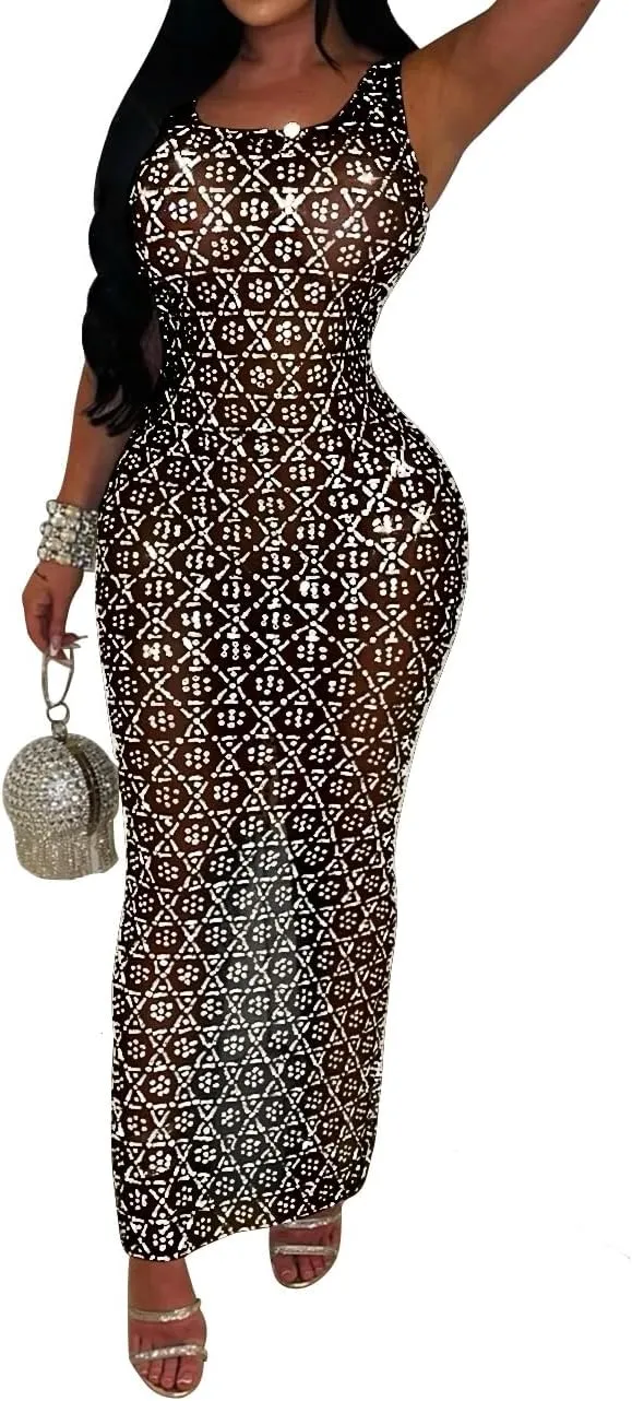 Maxi Formal Dresses for Women Wedding Guest Sexy Tank Mesh Sparkly Rhinestone Long Bodycon Vestidos