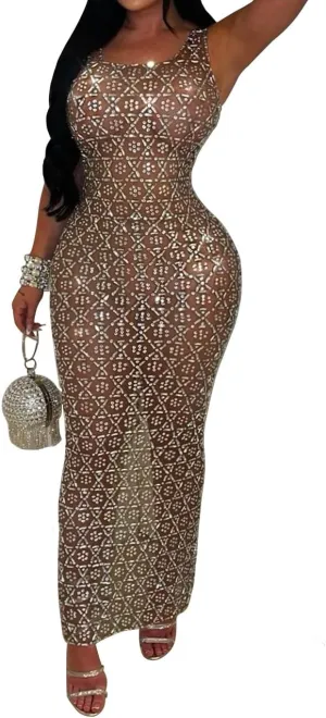 Maxi Formal Dresses for Women Wedding Guest Sexy Tank Mesh Sparkly Rhinestone Long Bodycon Vestidos