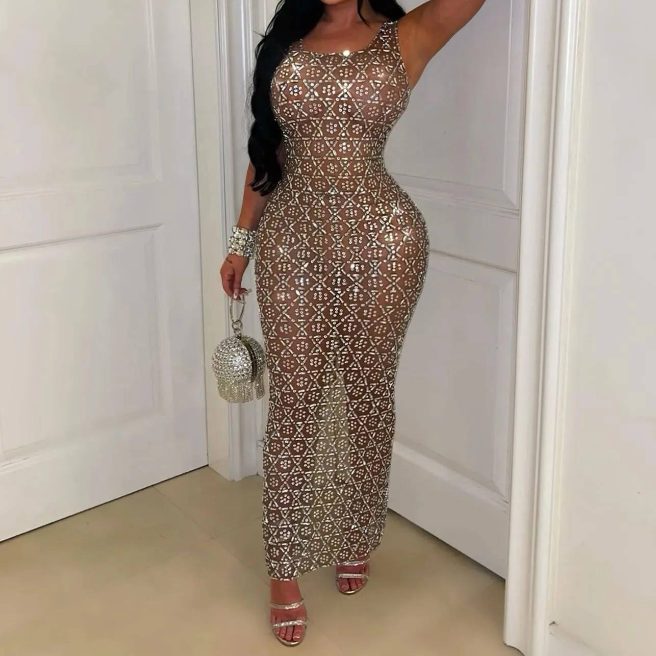Maxi Formal Dresses for Women Wedding Guest Sexy Tank Mesh Sparkly Rhinestone Long Bodycon Vestidos