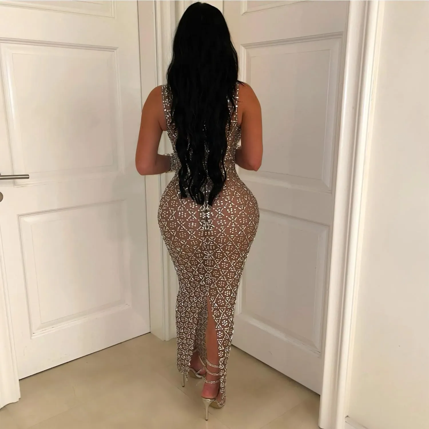 Maxi Formal Dresses for Women Wedding Guest Sexy Tank Mesh Sparkly Rhinestone Long Bodycon Vestidos
