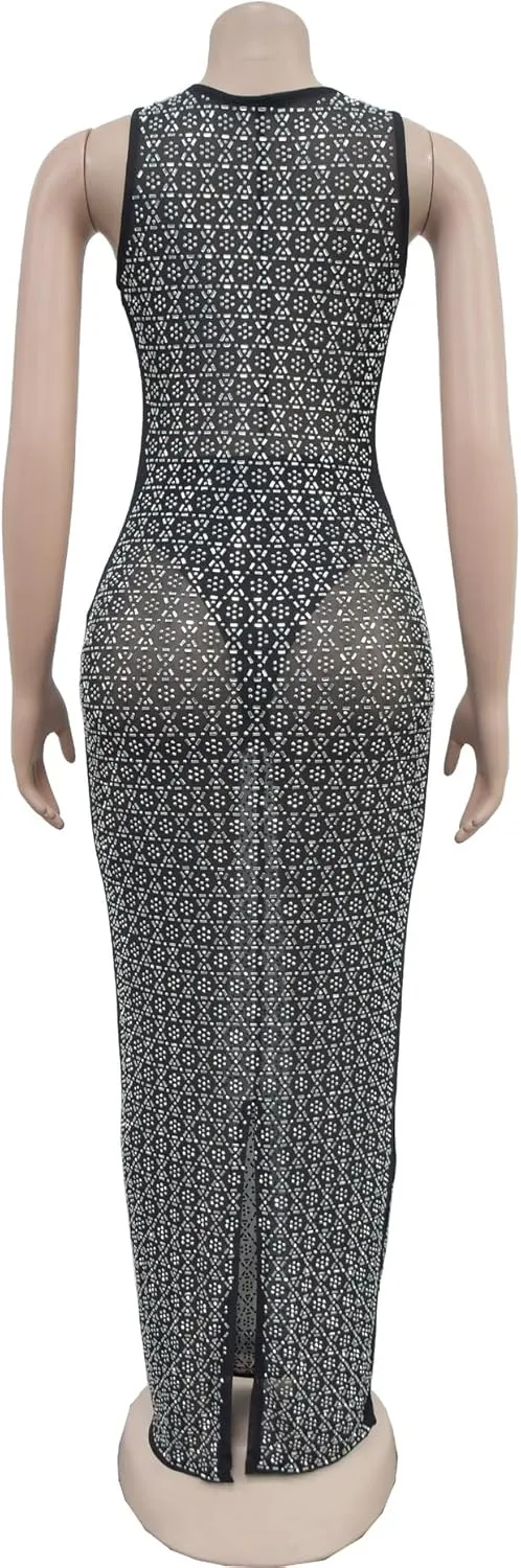 Maxi Formal Dresses for Women Wedding Guest Sexy Tank Mesh Sparkly Rhinestone Long Bodycon Vestidos