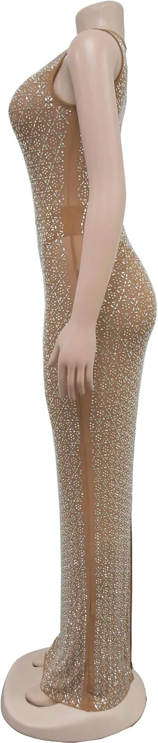 Maxi Formal Dresses for Women Wedding Guest Sexy Tank Mesh Sparkly Rhinestone Long Bodycon Vestidos