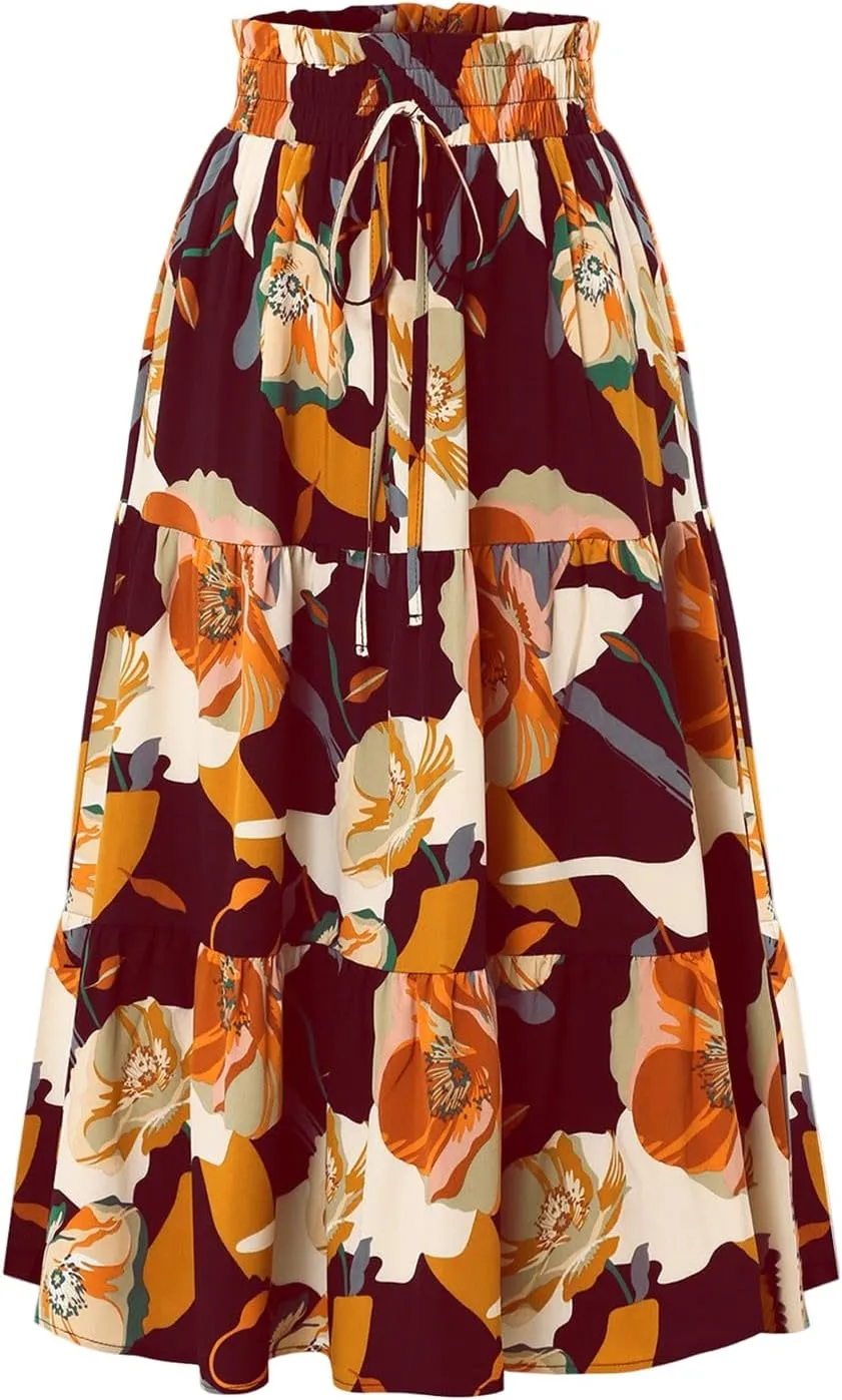 Maxi Skirts for Women Summer Maxi Skirt Elastic High Waist Flowy Pure/Boho Long Skirts 3 Tiered Ruch Skirt