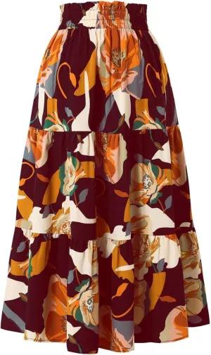 Maxi Skirts for Women Summer Maxi Skirt Elastic High Waist Flowy Pure/Boho Long Skirts 3 Tiered Ruch Skirt