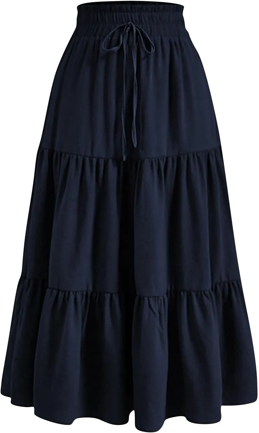 Maxi Skirts for Women Summer Maxi Skirt Elastic High Waist Flowy Pure/Boho Long Skirts 3 Tiered Ruch Skirt