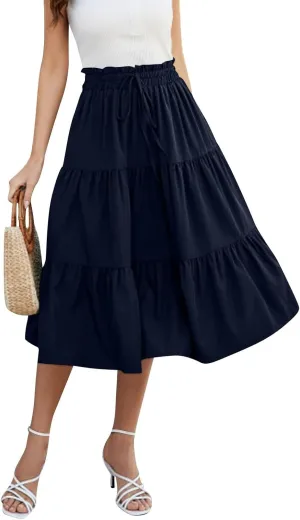Maxi Skirts for Women Summer Maxi Skirt Elastic High Waist Flowy Pure/Boho Long Skirts 3 Tiered Ruch Skirt