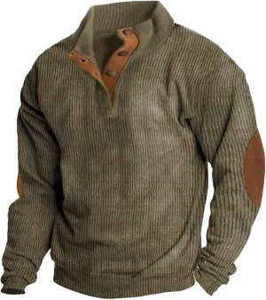 Men Henley Corduroy Sweatshirt Casual Thermal Stand Collar Polo Shirt Slim Fit Muscle T Shirts with Elbow Patches