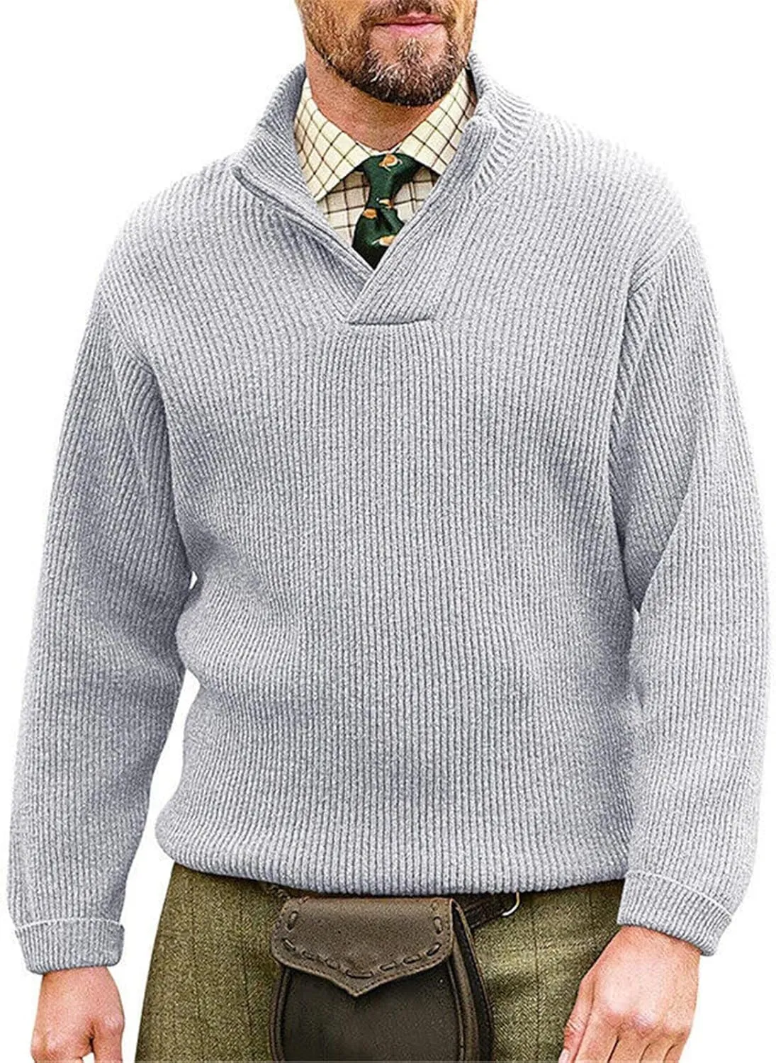 Men Stand Collar Pullover Sweater Trendy V Neck Cable Knitted Chunky Winter Long Sleeve Solid Color Thermal Sweater