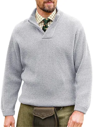 Men Stand Collar Pullover Sweater Trendy V Neck Cable Knitted Chunky Winter Long Sleeve Solid Color Thermal Sweater