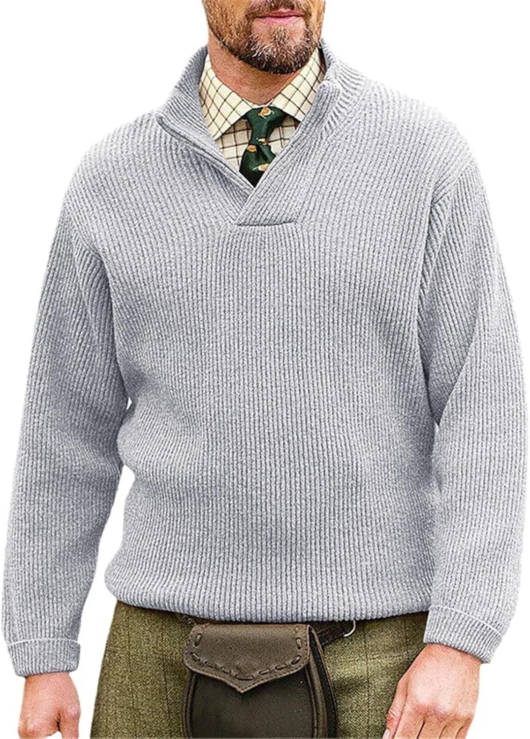 Men Stand Collar Pullover Sweater Trendy V Neck Cable Knitted Chunky Winter Long Sleeve Solid Color Thermal Sweater