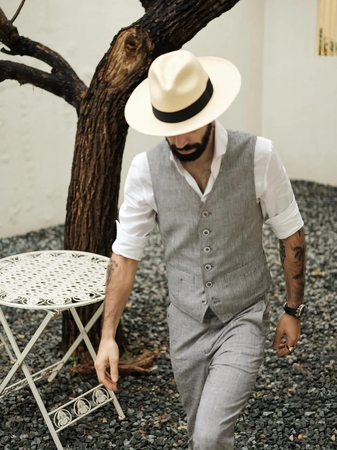 Men Suit Linen Set Vest and Pants Casual Summer Wedding Slim Fit Beach Suits Outfit 2 Pieces