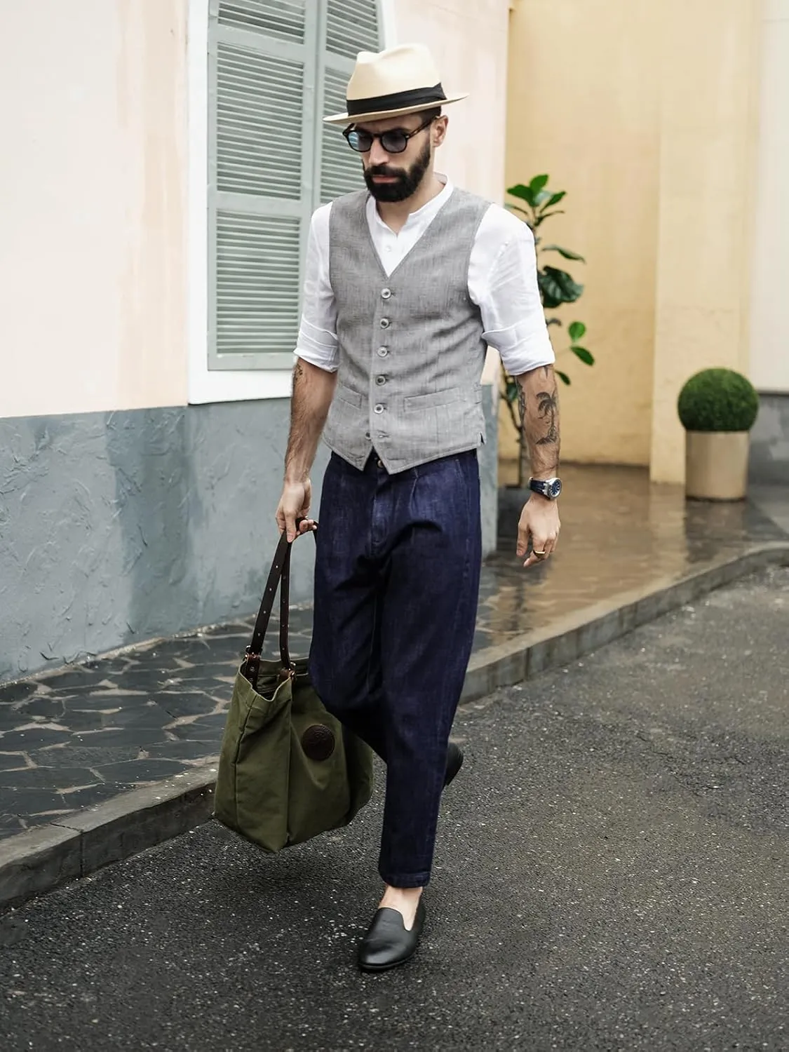 Men Suit Linen Set Vest and Pants Casual Summer Wedding Slim Fit Beach Suits Outfit 2 Pieces