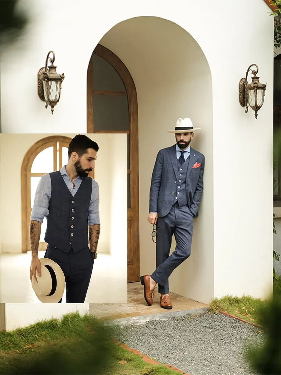 Men Suit Linen Set Vest and Pants Casual Summer Wedding Slim Fit Beach Suits Outfit 2 Pieces