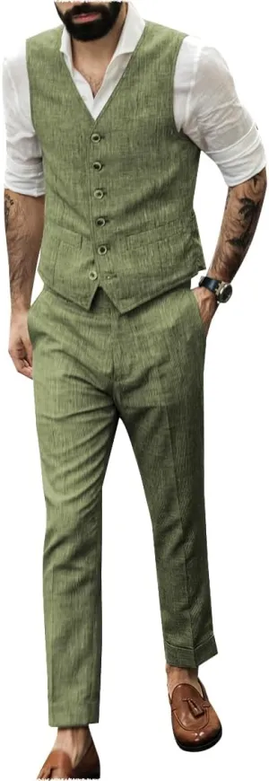 Men Suit Linen Set Vest and Pants Casual Summer Wedding Slim Fit Beach Suits Outfit 2 Pieces