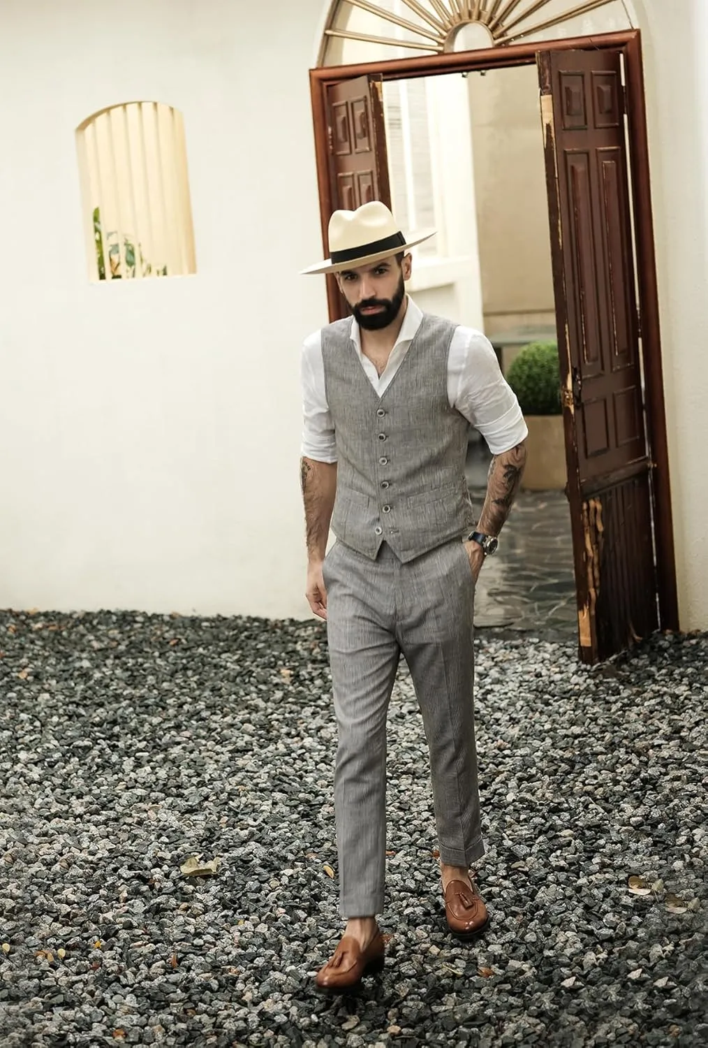Men Suit Linen Set Vest and Pants Casual Summer Wedding Slim Fit Beach Suits Outfit 2 Pieces