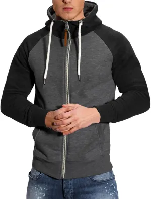 Men Zipper Hooded Sweatshirt Casual Contrast Color Raglan Sleeve Warm Comfortable Cardigan Top with Pockets